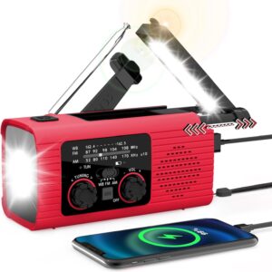 Emergency Climate Radio, 4000mAh NOAA Climate Alert Radio Photo voltaic Charging, Hand Crank & USB Charged, AM/FM with LED Flashlight, Studying Lamp, SOS Alarm, Headphone Jack for Out of doors Indoor