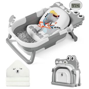 MoreFeel Collapsible Child Bathtub for New child with Thermometer & 1 Hooded Towel & 1 Comfortable Floating Cushion,Transportable Journey Bathtub with Drain Gap, Sturdy Foldable Child Tubs for Infants to Toddler