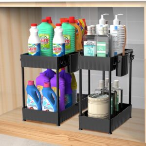 2 Pack Beneath Sink Organizer, 2 Tier Heavy Load Kitchen Cupboard Organizers and Storage with Hooks Hanging Cups, Multi-functional Storage Shelf for Toilet, Black