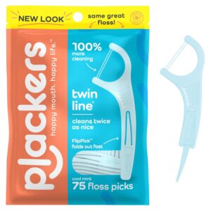 Plackers Twin-Line Dental Flossers, Cool Mint Taste, Twin Motion Flossing System, Simple Storage, Tremendous Tuffloss, 2X The Clear, 75 Rely