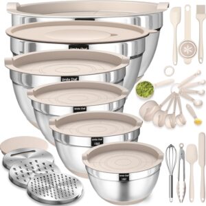 Mixing Bowls with Hermetic Lids Set, 26PCS Stainless Metal Khaki Bowls with Grater Attachments, Non-Slip Bottoms & Kitchen Devices Set, Measurement 7, 4, 2.5, 2.0,1.5, 1QT, Nice for Mixing & Serving