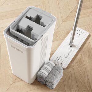 JOYMOOP Mop and Bucket with Wringer Set, White Flat Squeeze Mop Bucket Set for Ground Cleansing, Moist Dry Mop for Wall Cleaner with Lengthy Deal with, Hardwood Ground Mop with 4 Microfiber Cloths