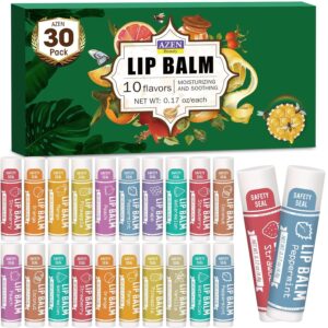 AZEN 30 Pack Lip Balm, Pure Lip Balm Bulk, Lip Care Product, Moisturizing Lip Balm for dry cracked lips – 10 Flavors