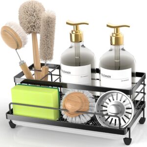 Cisily Sponge Holder for Kitchen, Sink Organizer, Kitchen Sink Equipment with Drip Tray, Rustproof and Non-Slip, Sponge Holder, Kitchen Utensils for New Dwelling (Matte Black)