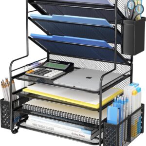 Easy Trending 7 Tier Desk File Organizer, Letter Tray Paper Organizer with Pen Holder and Steel Hanging Basket, Black