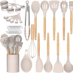 Umite Chef Kitchen Cooking Utensils Set, 33 pcs Non-Stick Silicone Cooking Kitchen Utensils Spatula Set with Holder, Picket Deal with Silicone Kitchen Devices Utensil Set (Khaki)