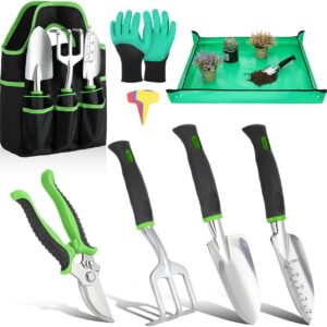 Gardening Instruments Set, 8PCS Heavy Obligation Backyard Instruments with Non-Slip Rubber Grip with Massive Backyard Bag for Instruments Aluminum Alloy Hand Instruments for Gardening,Gardening Items for Ladies and Males, Inexperienced