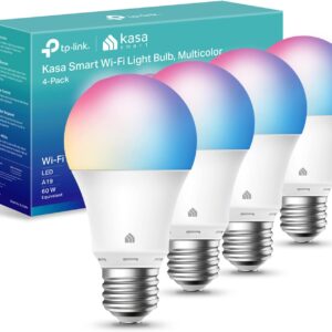 Kasa Good Mild Bulbs, Full Coloration Altering Dimmable Good WiFi Bulbs Suitable with Alexa and Google House, A19, 9W 800 Lumens,2.4Ghz solely, No Hub Required, 4 Rely (Pack of 1), Multicolor (KL125P4)