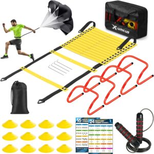 Agility Ladder Velocity Coaching Gear Set-20ft Agility Ladder,12 Soccer Cones,4 Hurdles, Soar Rope, Operating Parachute| Basketball Soccer Soccer Coaching Gear for Children Youth Adults