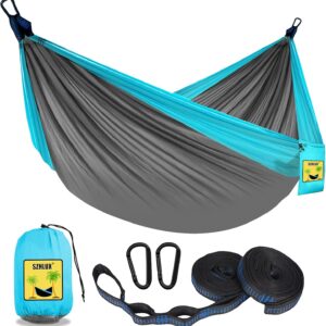 SZHLUX Tenting Hammock Double & Single Transportable Hammocks with 2 Tree Straps and Hooked up Carry Bag,Nice for Out of doors,Indoor,Seaside,Tenting,Mild Gray / Sky Blue