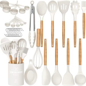 Umite Chef Kitchen Cooking Utensils Set, 33 pcs Non-stick Silicone Cooking Kitchen Utensils Spatula Set with Holder, Wood Deal with Silicone Kitchen Devices Utensil Set (Cream White)