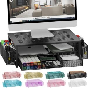 gianotter Desk Pc Monitor Stand Riser with Drawer and a pair of Pen Holder, Desk Organizer, Monitor Stand for Desk, Storage for Classroom Workplace Provides Decor (Black)