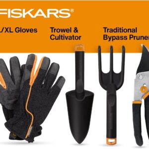 Fiskars Home Plant Starter Instrument Set with Set with Bypass Pruner, Trowel, Cultivator, and L/XL Backyard Gloves for Indoor Gardening (4 Piece Equipment)