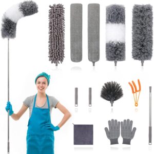 12pcs Microfiber Dusters, Duster with Extension Pole(Stainless Metal) 30 to 100”, Washable Dusters, Bendable Extendable Lengthy Feather Duster for Cleansing Fan, Excessive Ceiling, Blinds, Furnishings, Automobiles