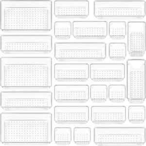 Vtopmart 25 PCS Clear Plastic Drawer Organizers Set, 4-Dimension Versatile Lavatory and Vainness Drawer Organizer Trays, Storage Bins for Make-up, Bed room, Kitchen Devices Utensils and Workplace