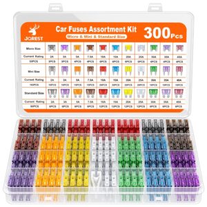 JOREST 300Pcs Automobile Fuse Assortment Package, 160 Mini Blade Fuses Automotive + 90 Customary Auto Fuses + 50 Micro Fuse + 1 Puller – for Automobile/RV/Truck/Motorbike(2Amp 3A 5A 7.5A 10A 15A 20A 25A 30A 35A 40A)