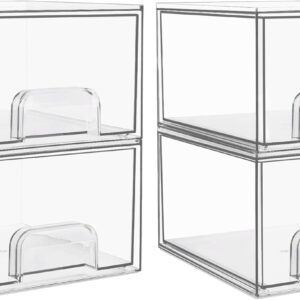 Vtopmart 4 Pack Clear Stackable Storage Drawers, 4.4” Tall Acrylic Lavatory Make-up Organizer,Plastic Storage Bins For Self-importance, Undersink, Kitchen Cupboards, Pantry, Dwelling Group