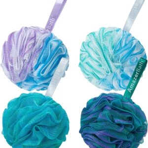 AmazerBath Loofah Sponge 75g/Piece, Exfoliating Tub Sponge Physique Scrubber – Loofa Set of 4 Flower Coloration (Giant, Inexperienced-Purple)