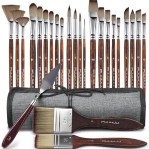 25pcs Paint Brush Set, Fuumuui Acrylic Paint Brushes, Skilled Artist Collection with Huge Flat, Filbert, Fan, Dagger, Cat Tongue, Spherical, Angle, Rigger for Oil, Acrylic Canvas Work, Face Portray