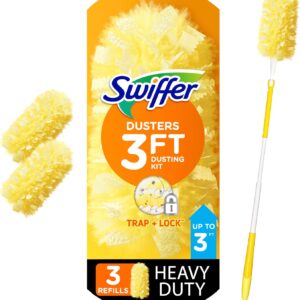 Swiffer Duster Heavy Obligation 3 ft Extendable Deal with Starter Equipment with 3 Refills