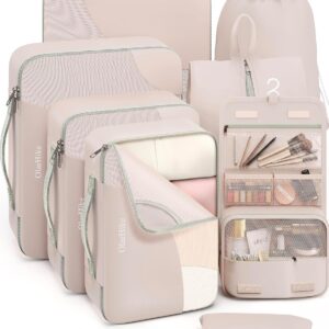 10 Set/8 Set Packing Cubes for Journey, Presents for Ladies Mother,Anti-Tearing Suitcase Organizer for Baggage with Shoe & Hanging Toiletry Bag,OlarHike Trip Necessities & Equipment for Cruise Ship,Cream