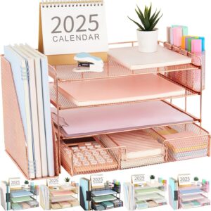 gianotter Paper Letter Tray Organizer with File Holder, 4-Tier Desk Equipment & Workspace Desk Organizers with Drawer and a pair of Pen Holder for Workplace Provides (Rose Gold)