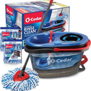 O-Cedar RinseClean Spin Mop & Bucket System + 2 Further Mop Heads| Clear with Clear Water | Removes 99% of Micro organism