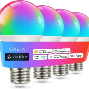 OREiN Matter Good Mild Bulb, Good Mild Bulbs Work with Apple Residence, Alexa, Google Residence, SmartThings, A19 Colour Altering Mild Bulbs 2.4Ghz WiFi, 800 Lumens Equal 60W 4Pack