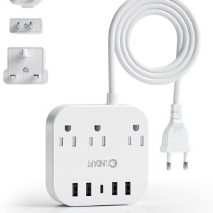 European Plug Adapter, Unidapt US to UK Europe Energy Strip for EU/UK/US with USB C and 4 USB Ports, 3 AC Retailers, Wall Mountable, 5ft Extension Twine, for Journey Cruise Ship House