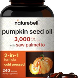 NatureBell Virgin Pumpkin Seed Oil 3,000mg Per Serving with Noticed Palmetto, 240 Softgels | Chilly Pressed – Wealthy in Omega 6 & 9 Important Fatty Acids – Prostate & Bladder Dietary supplements, Non-GMO