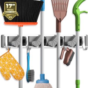 Holikme Mop Broom Holder Wall Mount Metallic Pantry Group and Storage Backyard Kitchen Device Organizer Wall Hanger for Residence Items (4 Positions with 4 Hooks, Silver)