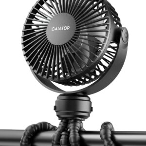 Gaiatop Mini Moveable Stroller Fan, Battery Operated Small Clip on, Removable 3 Velocity Rechargeable, 360° Rotate Versatile Tripod Higher Cooling for Automotive Seat Crib Treadmill Journey Black