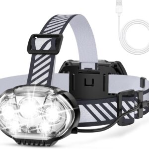 Rechargeable Headlamp, Excessive Lumen Brilliant 5 LED Head Lamp with Purple White Mild, IPX4 Waterproof Headlight,8 Mode Head Flashlight for Outside Working Looking Fishing Mountaineering Tenting Gear