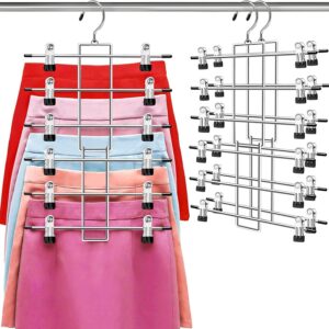 Pants Hangers with Clips,House Saving Hanging Closet Organizer-6 Tiers Skirt Hangers with 360° Swivel Hook,Closet Organizer-Garments Hangers- School Dorm Necessities Condo Necessities-2 Pack