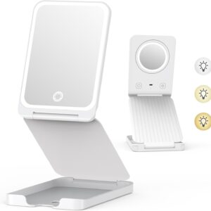 Journey Make-up Mirror with Lights, Transportable 1X Self-importance Mirror with 5X Lighted Magnification,72 LEDs 3 Colour Lights, Rechargeable 1000mAh Battery, Freely Modify Peak and Angle