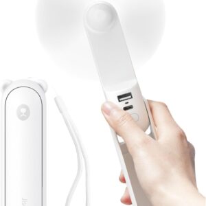 JISULIFE Handheld Fan with 4500 mAh Powerbank Max 37 Hours Runtime, Pocket Moveable Battery Operated or USB Powered Folding Private Fan, 3 Speeds, Items for Girls Males Children Present for Pageant-White