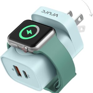 VRURC for Apple Watch Charger, Wi-fi Magnetic Transportable iWatch Charger, PD 20W 3-in-1 Journey Necessities Quick Charging Block for iWatch Extremely/SE/10/9/8/7/6/5/4/3/2, iPhone 16/15/14/13,Android-Inexperienced