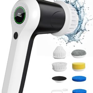 Electrical Spin Scrubber, Cordless Bathe Scrubber with Battery Stage Show, 2 Speeds Electrical Scrubber for Cleansing with 6 Replaceable Heads, Cleansing Brush for Lavatory/Sink/Window