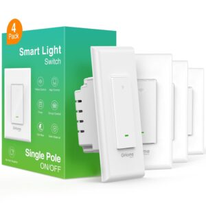 GHome Sensible Swap, Sensible Wi-Fi Gentle Swap Works with Alexa and Google Assistant 2.4Ghz, Single-Pole,Impartial Wire Required,UL Licensed,Distant/Voice Management, No Hub Required (4 Pack)