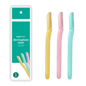 Amazon Fundamentals Ladies’s Multipurpose Exfoliating Dermaplaning Software, Eyebrow Razor, and Facial Razor, Consists of Blade Cowl, Multicolor, 3 Rely