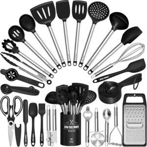 Kitchen Utensils Set-Umite Chef 34 Pcs Silicone Cooking Utensils Set for Nonstick Cookware-Silicone Spatulas Set, Stainless Metal Deal with-Black Kitchen Devices Instruments, Pots and Pans Equipment