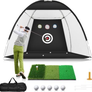 Golf Web, 10x7ft Apply Web with Tri-Turf Mat, All-in-1 Dwelling Golf Hitting Assist for Yard Driving Chipping Swing Coaching, Black
