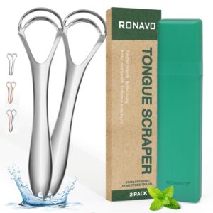 RONAVO Tongue Scraper for Grownup with Thick Tongue Coating, Twin Scraping Head Design for Deep Clear, Stainless Metal Tongue Cleaner, Dangerous Breath Gone, Assist Enhance Oral Hygiene