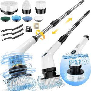 Electrical Spin Scrubber, Full-Physique IPX7 Waterproof Cordless Energy Cleansing Brush with Adjustable Extension Deal with, 2-Velocity Bathe Scrubber with 7 Replaceable Brush Heads for Toilet, Kitchen Cleansing